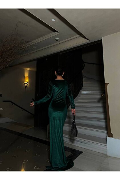 knee length dresses for ladies Tina Holly Couture TA301 Emerald Green Velvet Long Sleeve Midi Formal main image 0