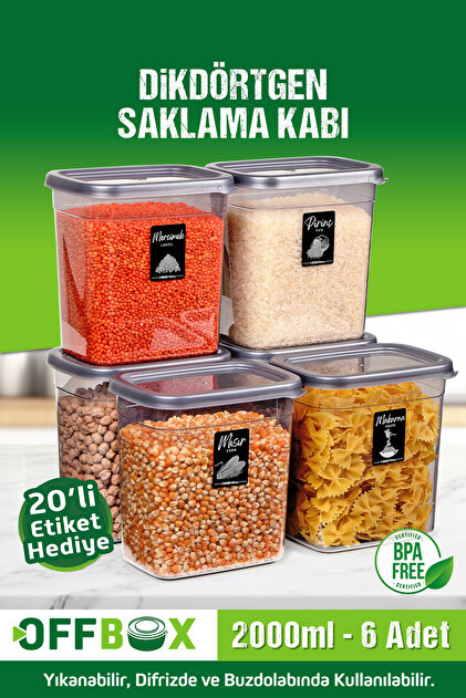OFFBOX 6 Adet 12 Parça Dikdörtgen 2 Litre Erzak Bakliyat Saklama