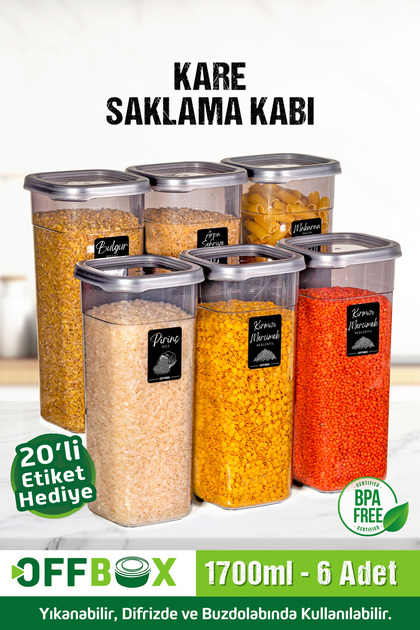 OFFBOX 6 Adet 12 Parça 1,7 Litre Jumbo Boy Kare Erzak Saklama Kabı