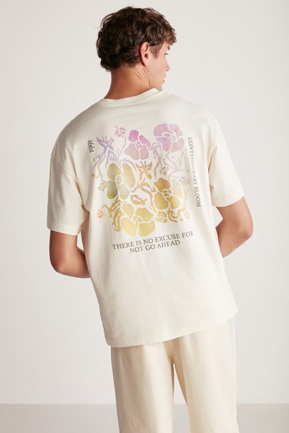 Phillip Men's Oversize Fit 100% Cotton Thick Textured Printed Vanilla T-shirt