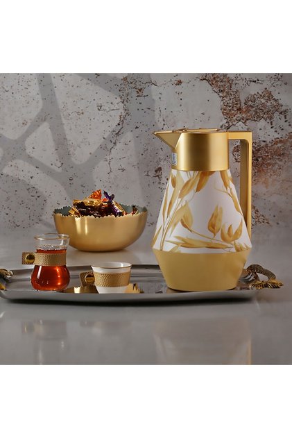 Lydia Pro Beige Thermos With Golden Hand Branch Pattern, 1 Liter