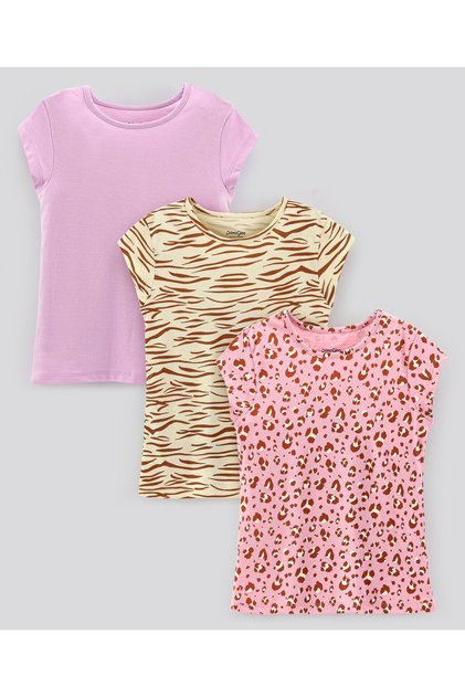 100% Cotton Short Sleeves T-Shirts Leopard Print Pack of 3 - Pink Beige & Brown