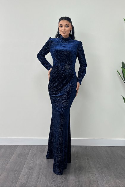 Rochie de Seara Imprimata cu Sclipici din Tesatura din Catifea - ALBASTRU MARINE