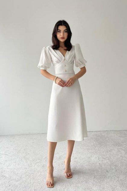 Women's White V-Neck Balloon Sleeve Button Detailed Midi Dress
