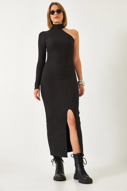 Women's Black Turtleneck Single Sleeve Ottoman Fabric Slit Dress 371 60261058