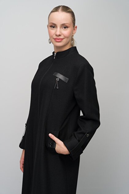 Olcay Leather and Accessory Detailed Wool Blend Oversized Overcoat