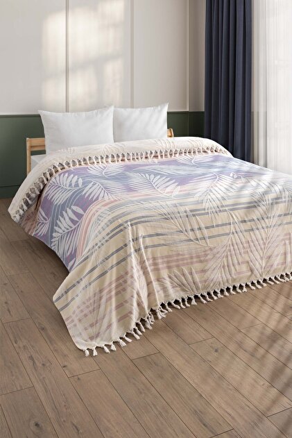 100% Cotton Double Towel Bedspread - Tropical Pattern Pique - 220X240 cm - Yellow with Burgundy Stripes