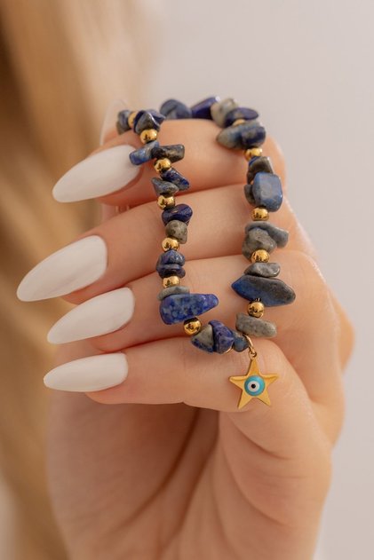 Natural Stone Women's Bracelet - Natural Lapis Stone Women's Steel Women's Bracelet Star and Charm