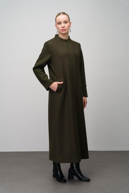 Prevailing Collar Embroidery Detailed Wool Blended Large Size Top Coat Haki 6632