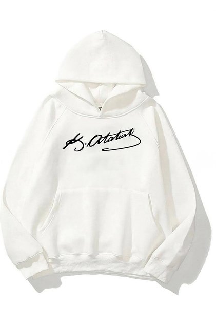 Unisex Oversize Sweatshirt Hoodie Kemal Atatürk Signature Printed White – Hooded, Kangaroo Pocket