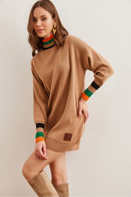 Women's Camel Collar and Cuff Detailed Knitwear Tunic Dresselb- 19001992