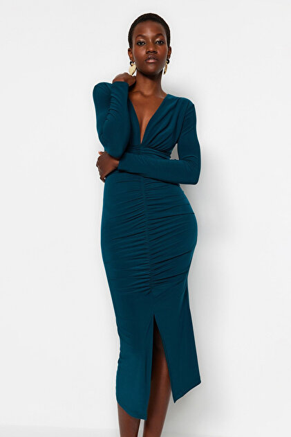 Trendyol Collection Emerald Green Draped V-Neck Fitted Flexible Midi Knitted  Dress TWOAW24EL00197- Trendyol