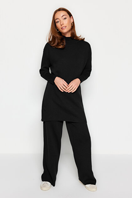 Black Slit Wide Leg Knitwear Bottom-Top Suit Tctaw24Us00028