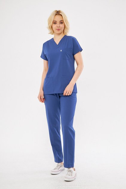 Fırtına Mavi Likralı Unisex Yarasa Kol Hemşire Ve Doktor Forması Takımı Scrubs Hastane Üniforması