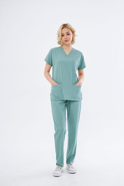 Çağla Yeşili Likralı Unisex Yarasa Kol Doktor Ve Hemşire Forması Scrubs Cerrahi Takım