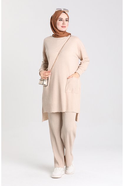 Pantaloni tunică cu buzunare asimetrice Set dublu 7731-03 Bej