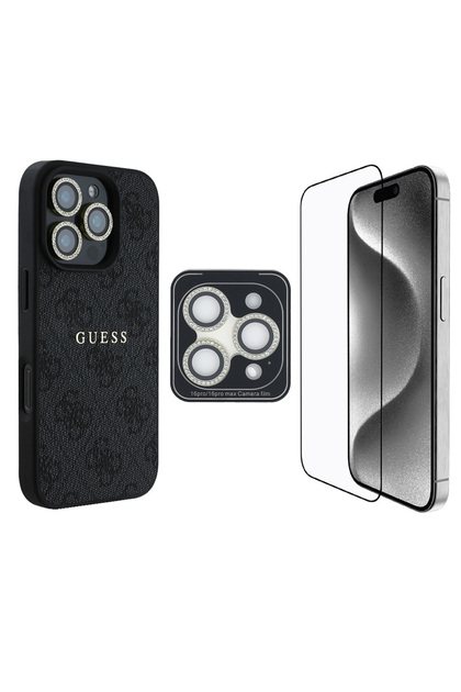 iPhone 16 Pro Compatible Licensed Case + Screen Protector + Lens Protector 3in1 Accessory Set Black