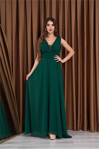 Dipmoda Women's Emerald Green V-Neck Chiffon Evening Dress Dp2027- Trendyol Dipmoda Women's Emerald Green V-Neck Chiffon Evening Dress Dp2027- Trendyol