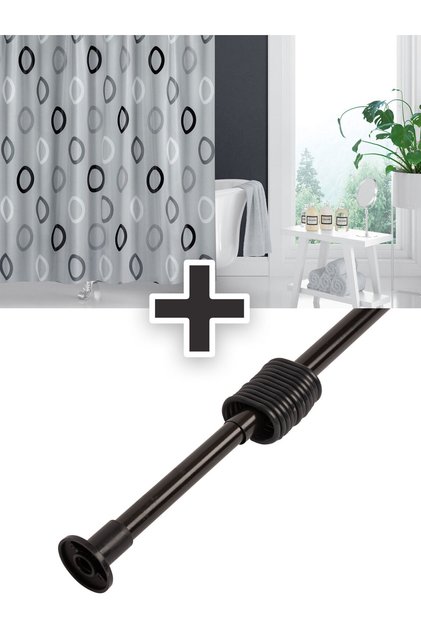 Polyester Kumaş Geometrik Desen Gri Banyo Perdesi Siyah Askı Aparatı Hediyeli C-halkalı Duş Perdesi