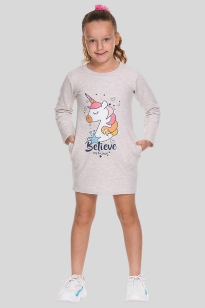 3-8 Yaş Kız Çocuk Unicorn Sweat Elbise Bejmelanj