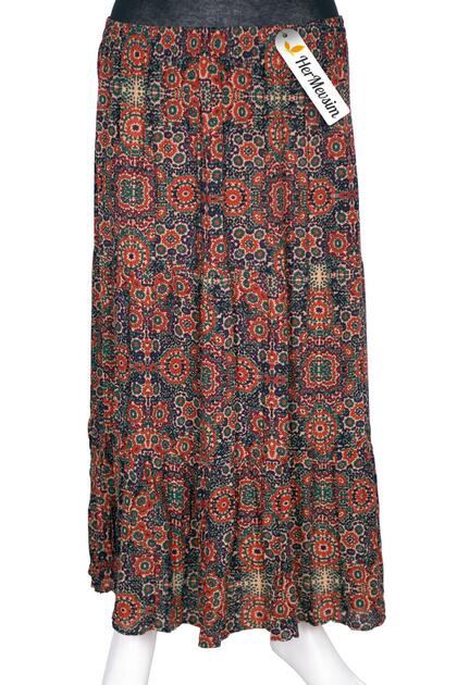 Hesna Women's Olcay Summer Woven Viscose 3 Layer Ethnic Navy Blue Skirt