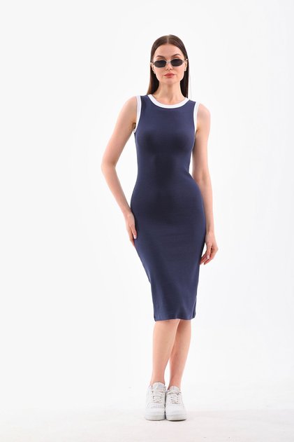 Navy Blue and White Piping Body-Fitting Sleeveless Below the Knee Ribbed Flexible Thick Strap Camisole Dress