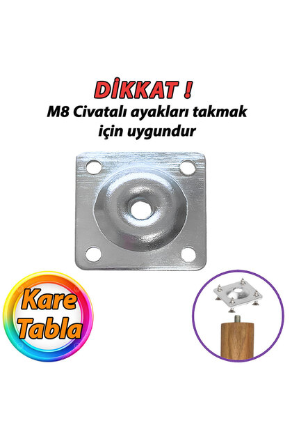 Mobilya Baza Koltuk Zigon Sehpa Ayağı Metal Bağlantı Aparatı Düz Ayak Tabanı M8 Civatalı Kare Tabla