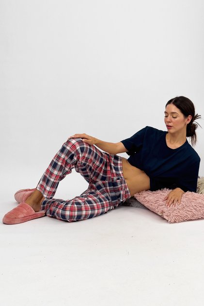 Women's Elastic Waist 100% Cotton Ribbon Patterned Pajama Bottoms Salmon Navy Blue