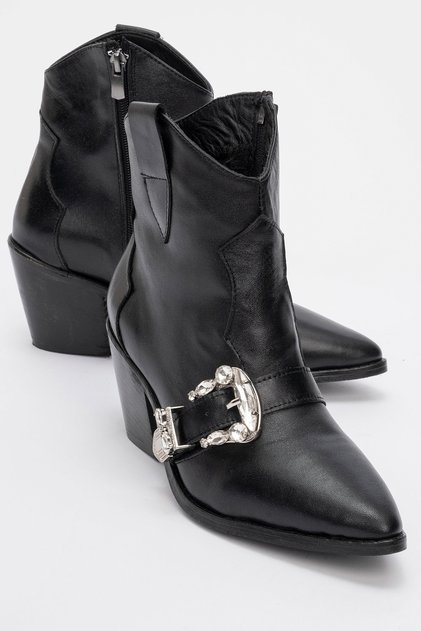 Any Black Skin Stone Genuine Leather Women's Heeled Boots