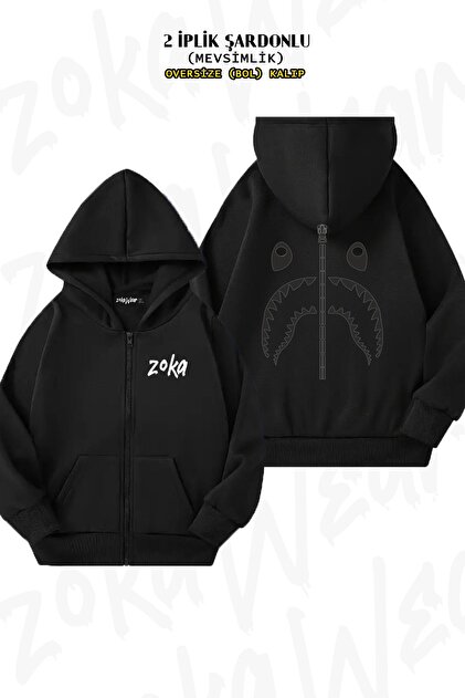 ZOKAWEAR Oversize bape Shark grey Sırt Baskılı Fermuarlı Kapşonlu