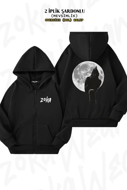 Oversize Crow Moon Back Printed Zippered Hooded Black Cardigan (2 Thread)