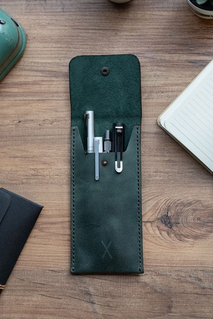 Minimal X Leather Pen Holder - Ocean Green - Genuine Leather & Handmade - Minimalist Design