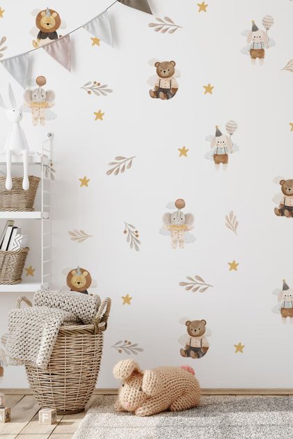 Sevimli Hayvanlar ve Çiçekler Temalı Sticker Seti, Çocuk Odası Duvar Sticker Seti