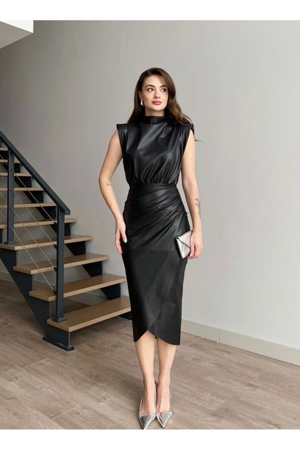 Black Padded Stand Collar Midi Length Leather Dress