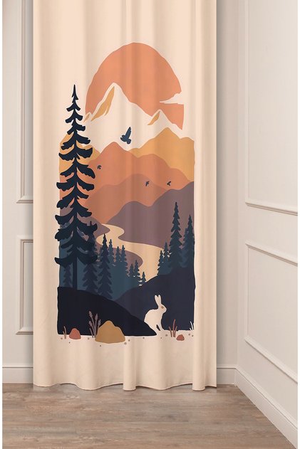 Mountain Tree Forest Patterned Digital Printed Background Curtain (Single Panel) Colorful Modern Design Bohemian Background Curtain