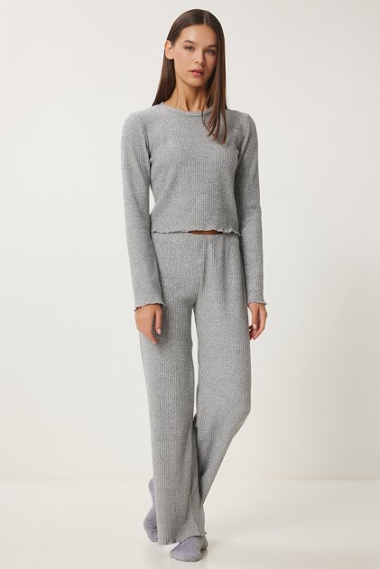 Yumoş Knitted Set - Crop Loose Pants, Gray Melange, Lan0022