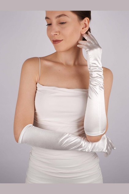 Off White Satin Long Bridal Gloves 48 cm Dance Opera Gloves – Party Gloves, Stylish Design – Par