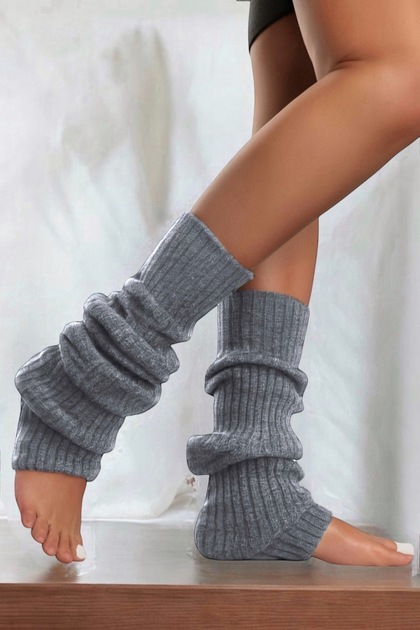 Natural Wool Corded Winter Gray Women's Knee Pad Thick Leggings Footless Yoga over Knee Socks