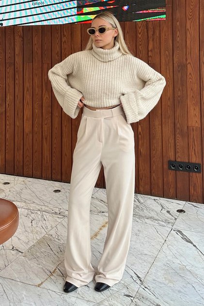 Beige Kate Bequeme Palazzo-Hose für Damen mit Klettverschluss in der Taille