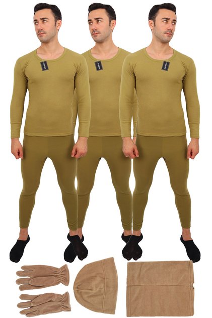 3-Piece Military Thermal Underwear Set - Fleece Beanie Neck Collar Gloves Socks