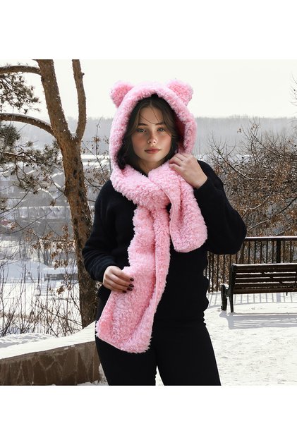 Kapşonlu Welsoft Peluş Bere - Atkılı - Polar Boyunluk Şalı - Rüzgar Geçirmez Kulaklı Şapka
