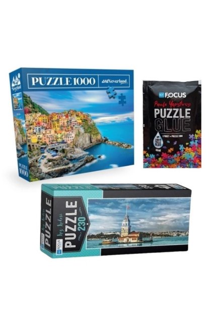 Set of 3 Puzzles - 1000 Pieces Cinque Terre + 230 Pieces Maiden's Tower + Puzzle Adhesive