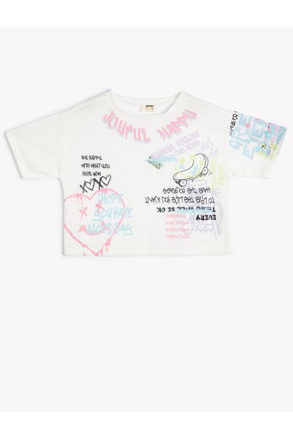 Crop T-Shirt Graffiti Printed Short Sleeve Crew Neck