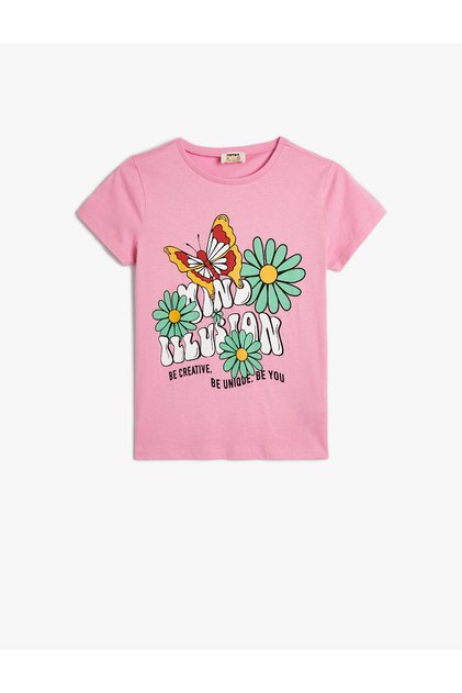 T-Shirt with Floral Print, Short Sleeves, Crew Neck, Cotton