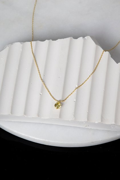 Gümüş Minimal Sarı Taşlı Gold Tek Taş Kolye