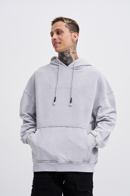 Men's Washed Embroidered Hooded Oversize Anthracite Sweatshirt
