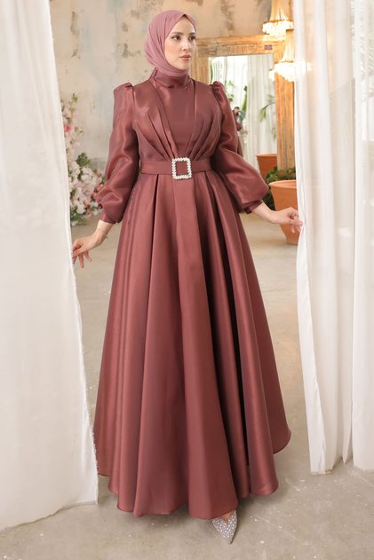 Brown Balloon Sleeve Draped Evening Dress