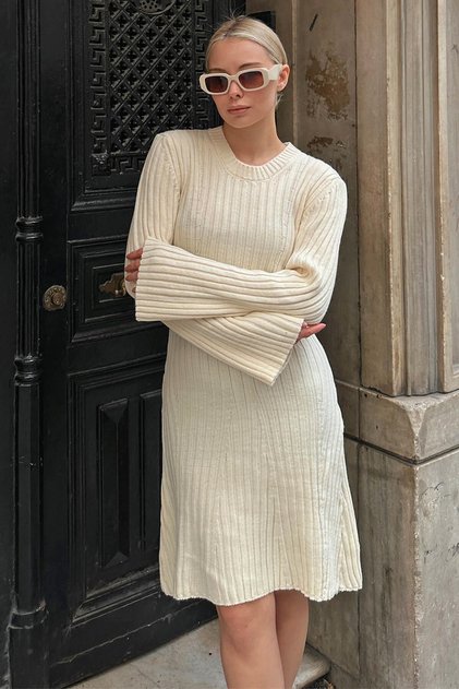 Beige Crew Neck Ribbed Knitted Women's Mini Knitwear Dress