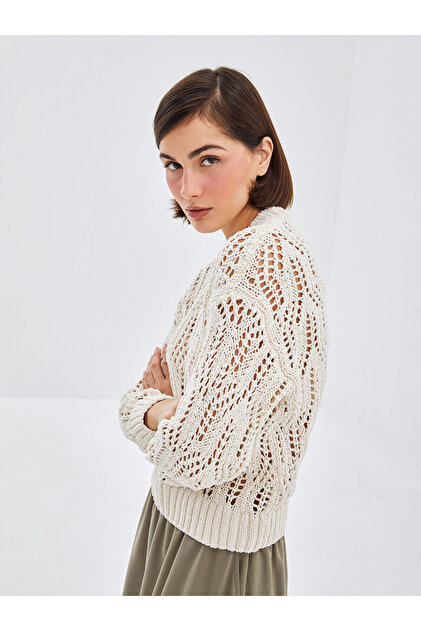 LC Waikiki Lcw vision ecru high collar openwork long sleeve