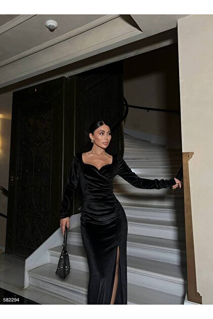 dkkan10butika Women's Long Sleeve Long Length Slit Evening Dress Winter  Fabric Stylish Wedding Evening Dress Velvet Dress Black Color- Trendyol